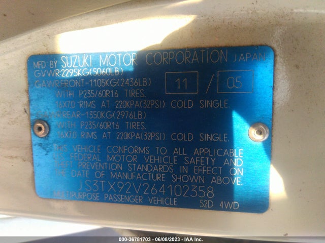 2006 SUZUKI XL-7 PREMIUM VIN: JS3TX92V264102358