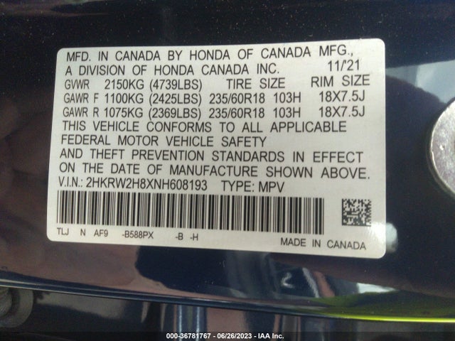 Honda Cr-v Ex-l 2022 2HKRW2H8XNH608193 Image 15