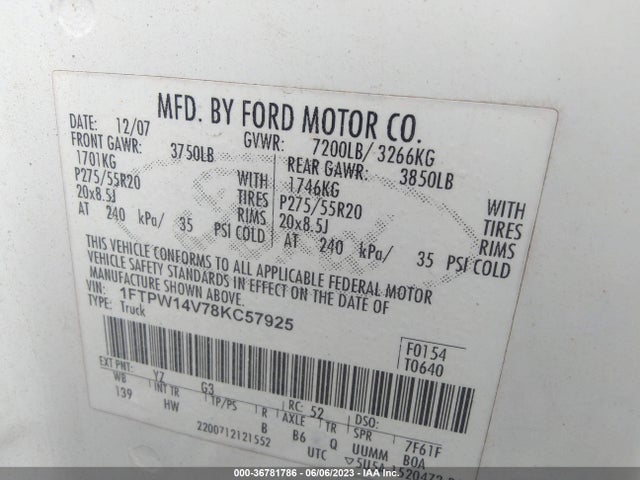 2008 FORD F-150 XLT/FX4/LARIAT VIN: 1FTPW14V78KC57925