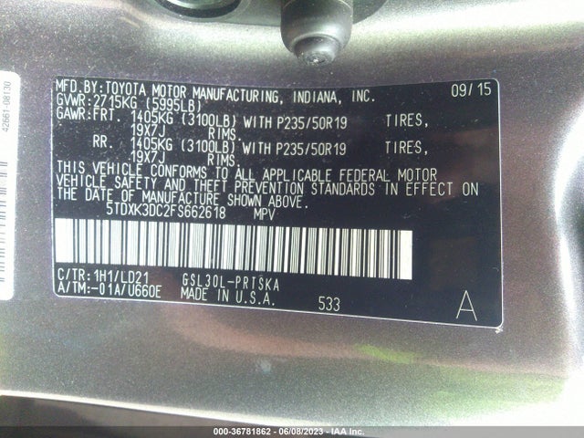 2015 TOYOTA SIENNA SE VIN: 5TDXK3DC2FS662618