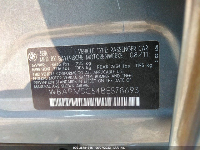 2011 BMW 3 SERIES 335I VIN: WBAPM5C54BE578693