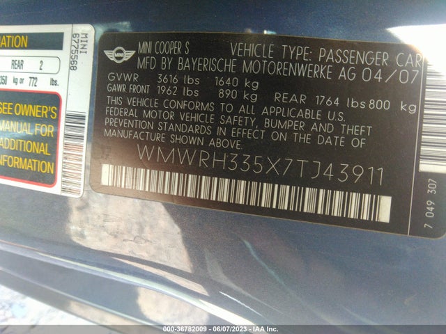 2007 MINI COOPER CONVERTIBLE WMWRH335X7TJ43911 Photo 8