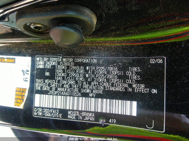 2006 TOYOTA HIGHLANDER W/3RD ROW/LIMITED W VIN: JTEDP21AX60110526