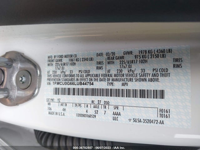 2020 FORD ESCAPE SE VIN: 1FMCU0G66LUB44754