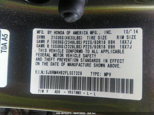 Honda Cr-v Touring 2015 5J6RM4H92FL007328 Image 9
