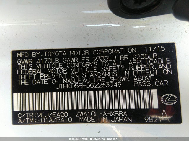 JTHKD5BH5G2263949 Lexus Ct 200h Hybrid