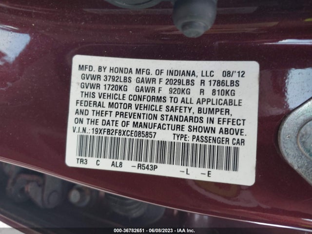 2012 HONDA CIVIC SDN EX VIN: 19XFB2F8XCE085857