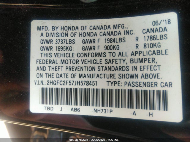 2018 HONDA CIVIC SEDAN LX VIN: 2HGFC2F57JH578451