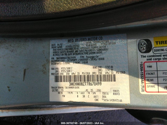 2007 MERCURY MILAN PREMIER VIN: 3MEHM08Z77R670499