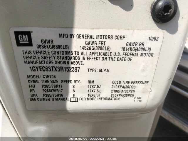 2003 CADILLAC ESCALADE VIN: 1GYEC63TX3R152397