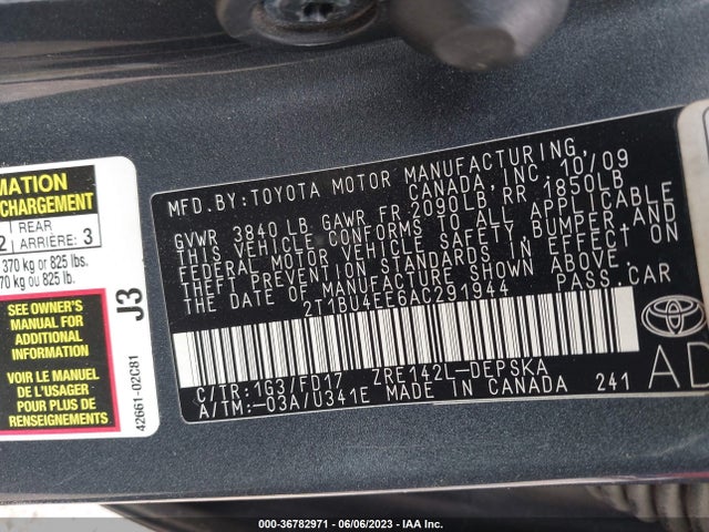 2010 TOYOTA COROLLA VIN: 2T1BU4EE6AC291944