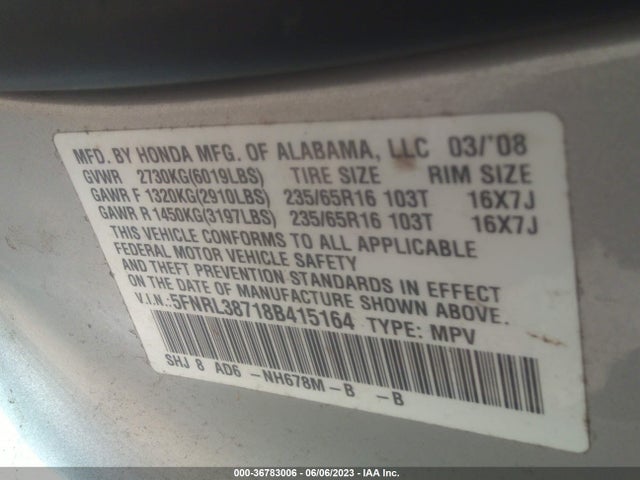 2008 HONDA ODYSSEY EX-L VIN: 5FNRL38718B415164