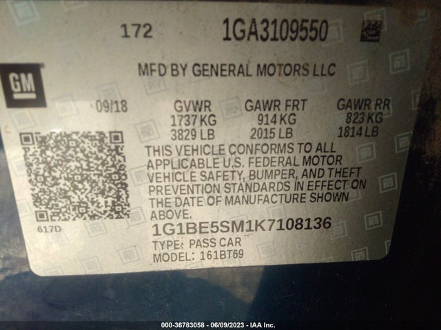 Chevrolet CRUZE LT 2019 1G1BE5SM1K7108136 Image 9