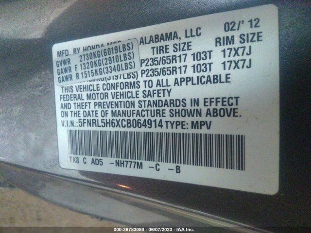 2012 HONDA ODYSSEY EX-L VIN: 5FNRL5H6XCB064914