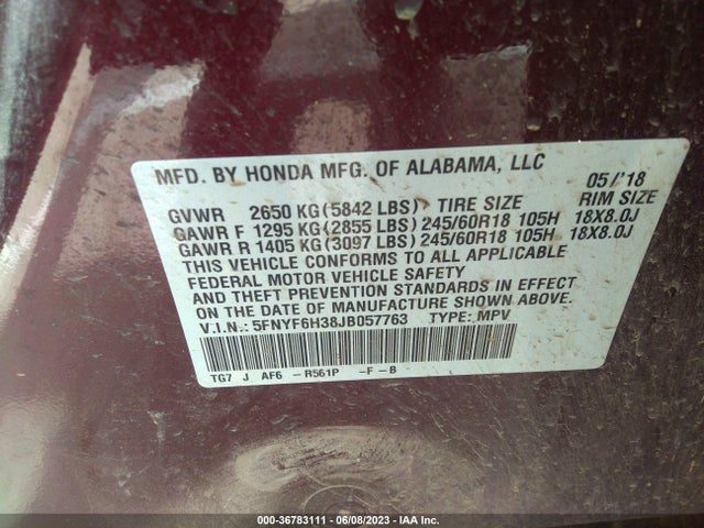 Honda Pilot Ex 2018 5FNYF6H38JB057763 Image 9