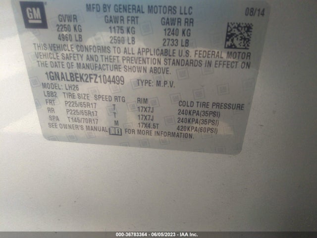 Chevrolet EQUINOX LT 2015 1GNALBEK2FZ104499 Image 9