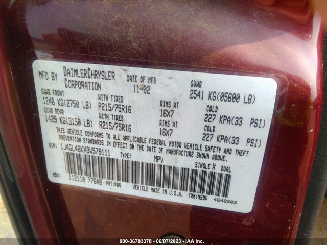 2003 JEEP LIBERTY SPORT VIN: 1J4GL48KX3W579111