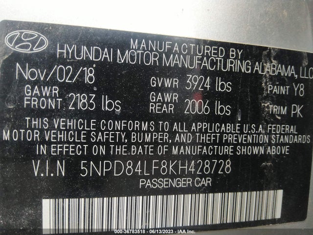 2019 HYUNDAI ELANTRA SEL VIN: 5NPD84LF8KH428728