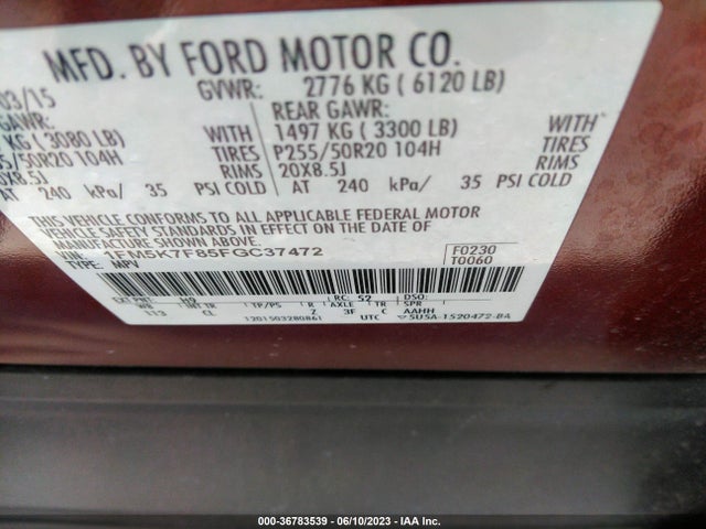Ford Explorer Limited 2015 1FM5K7F85FGC37472 Image 9
