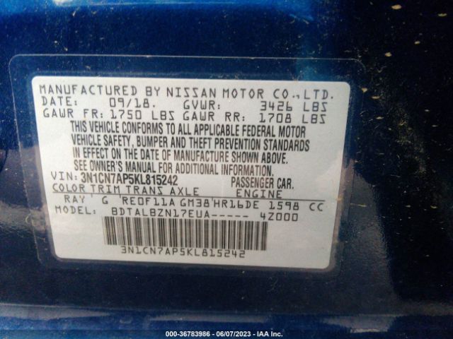 3N1CN7AP5KL815242 Nissan Versa Sedan Sv