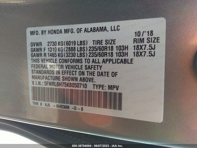 Honda Odyssey Ex-l 2019 5FNRL6H75KB050710 Image 9