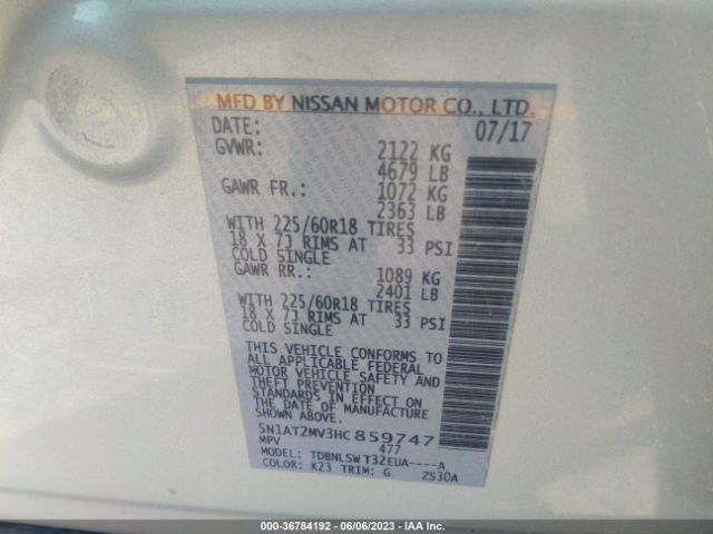 5N1AT2MV3HC859747 Nissan Rogue Sl