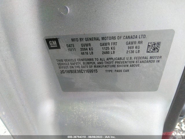 2012 CHEVROLET IMPALA LT RETAIL VIN: 2G1WB5E36C1169915