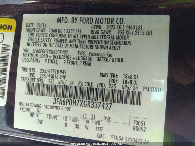 Ford FUSION SE 2016 3FA6P0H7XGR337427 Image 10