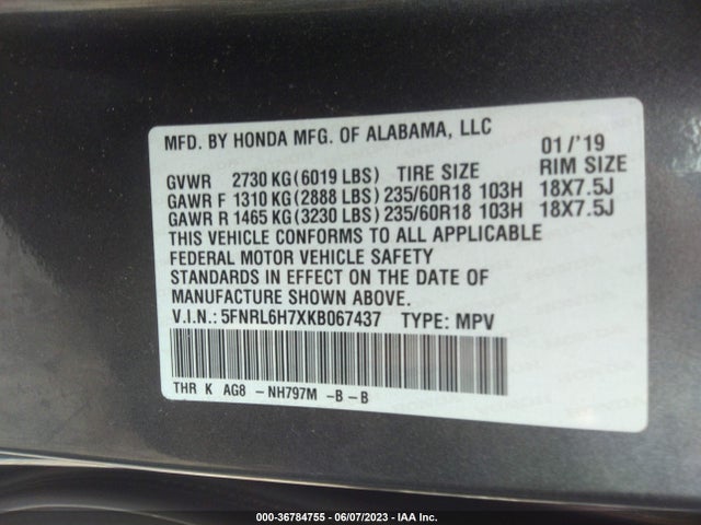 2019 HONDA ODYSSEY EX-L VIN: 5FNRL6H7XKB067437