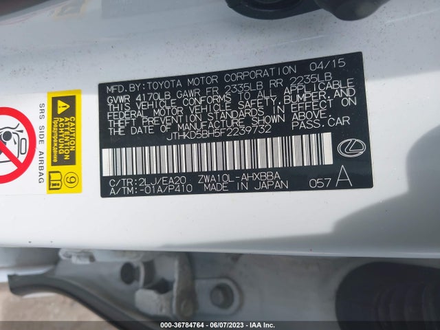 2015 LEXUS CT 200H HYBRID VIN: JTHKD5BH5F2239732