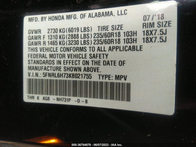 Honda Odyssey Ex-l 2019 5FNRL6H73KB021755 Image 9