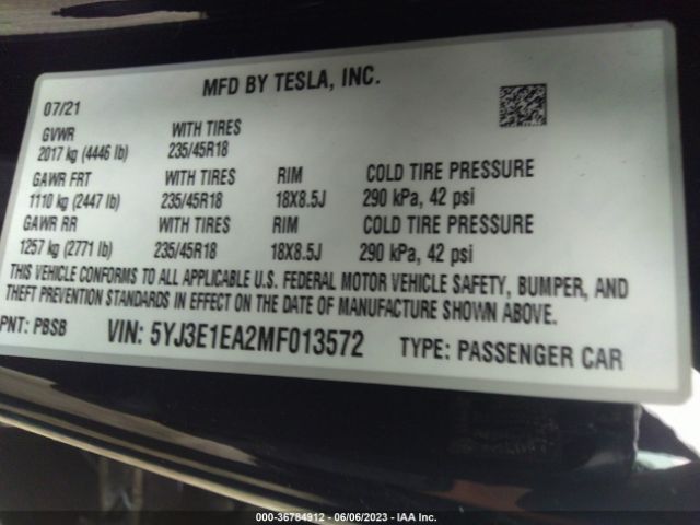 5YJ3E1EA2MF013572 Tesla Model 3 Standard Range Plus