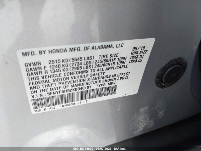 Honda Pilot Ex-l 2019 5FNYF5H52KB040101 Image 9