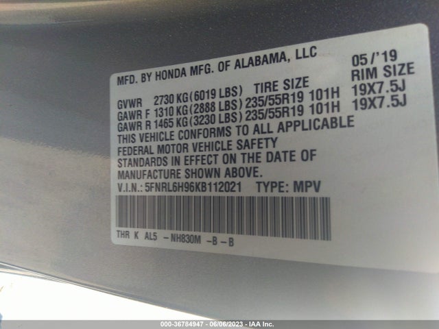 2019 HONDA ODYSSEY ELITE VIN: 5FNRL6H96KB112021