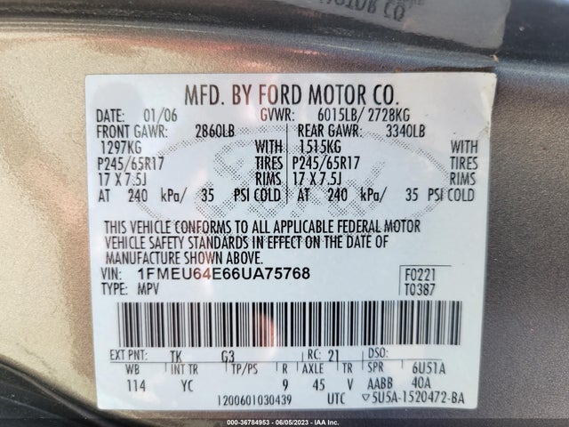 2006 FORD EXPLORER VIN: 1FMEU64E66UA75768