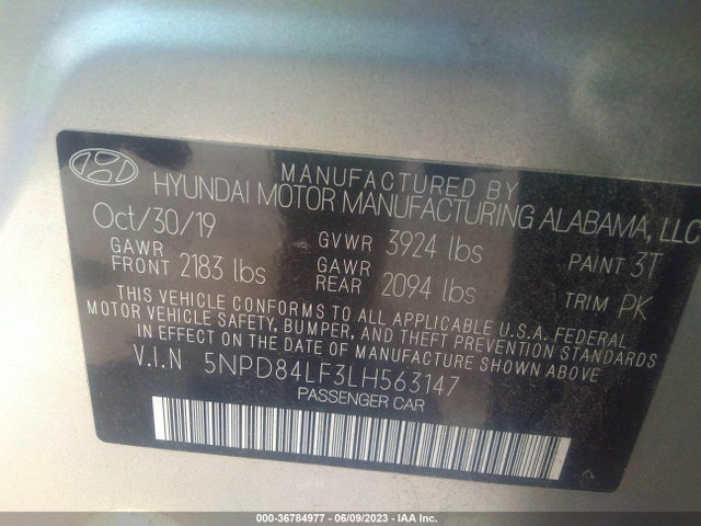 2020 HYUNDAI ELANTRA SEL VIN: 5NPD84LF3LH563147