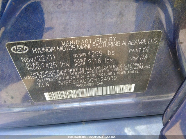2012 HYUNDAI SONATA 2.4L LIMITED PZEV VIN: 5NPEC4AC5CH424939