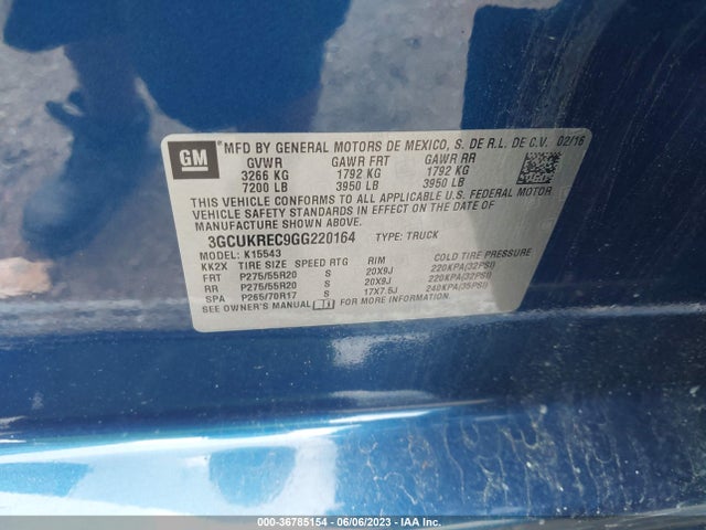 2016 CHEVROLET SILVERADO 1500 LT VIN: 3GCUKREC9GG220164