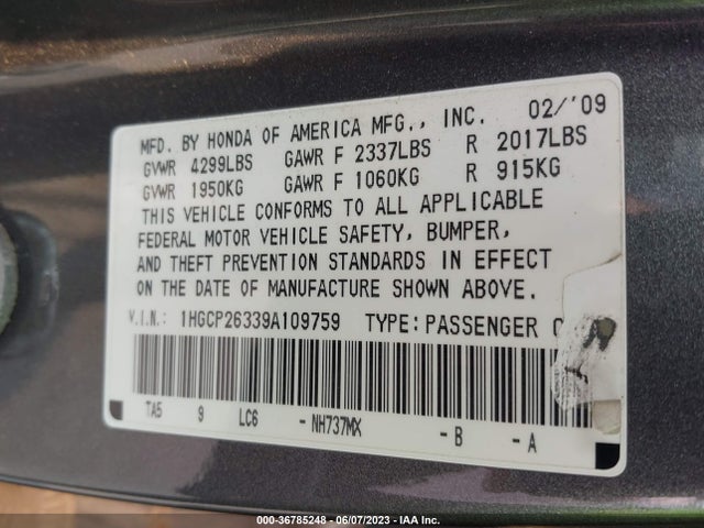 2009 HONDA ACCORD SDN LX VIN: 1HGCP26339A109759