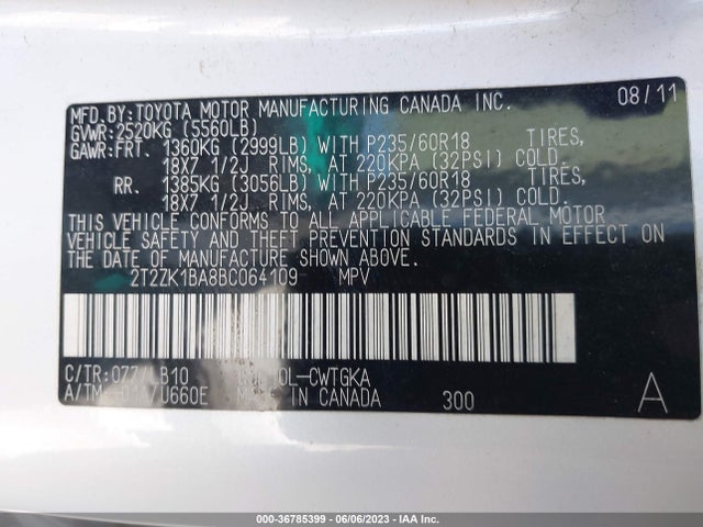 2011 LEXUS RX 350 VIN: 2T2ZK1BA8BC064109