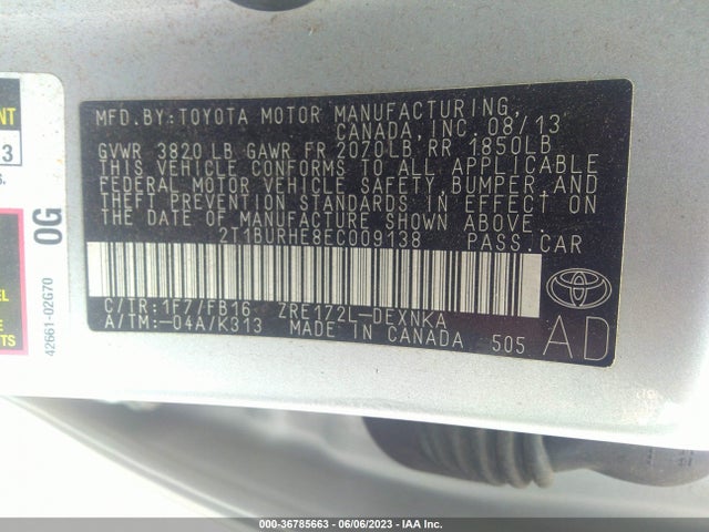2014 TOYOTA COROLLA L/LE/S/S PLUS/LE PLUS VIN: 2T1BURHE8EC009138