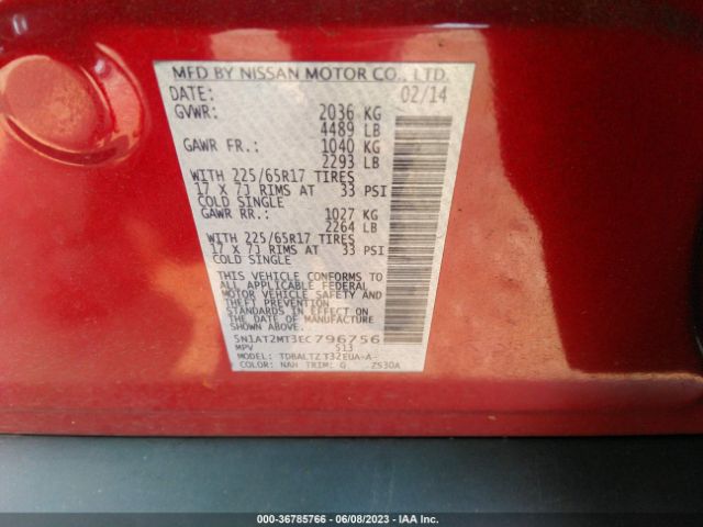 5N1AT2MT3EC796756 Nissan ROGUE SV