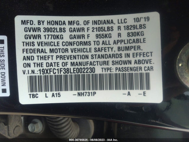 2020 HONDA CIVIC SEDAN EX VIN: 19XFC1F38LE002230