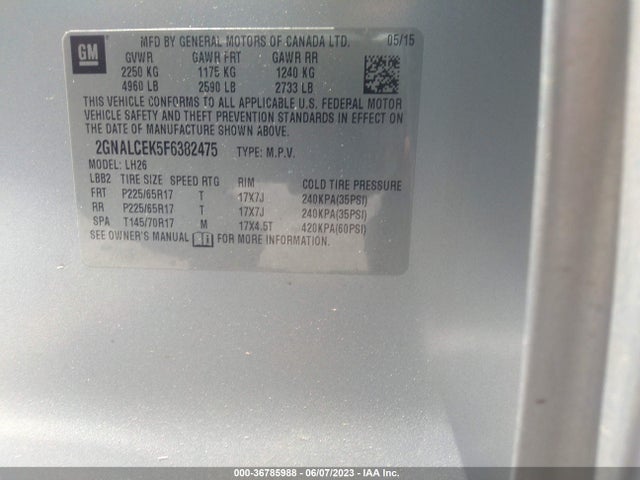 2015 CHEVROLET EQUINOX LT VIN: 2GNALCEK5F6382475
