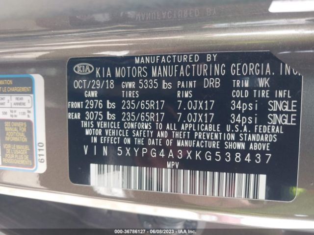 5XYPG4A3XKG538437 KIA SORENTO LX