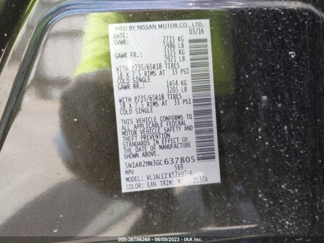 5N1AR2MN3GC637805 Nissan Pathfinder S/sv/sl/platinum