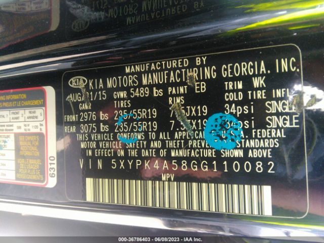 5XYPK4A58GG110082 KIA SORENTO SX
