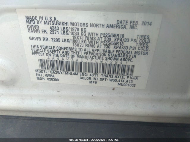 4A4AP3AU7EE022941 Mitsubishi Outlander Sport Es