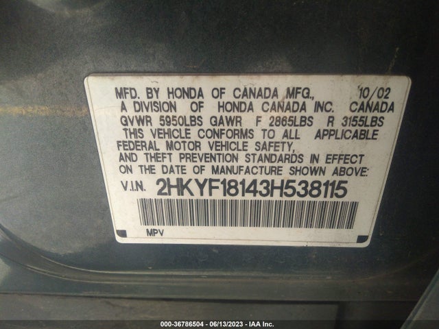 2003 HONDA PILOT LX VIN: 2HKYF18143H538115