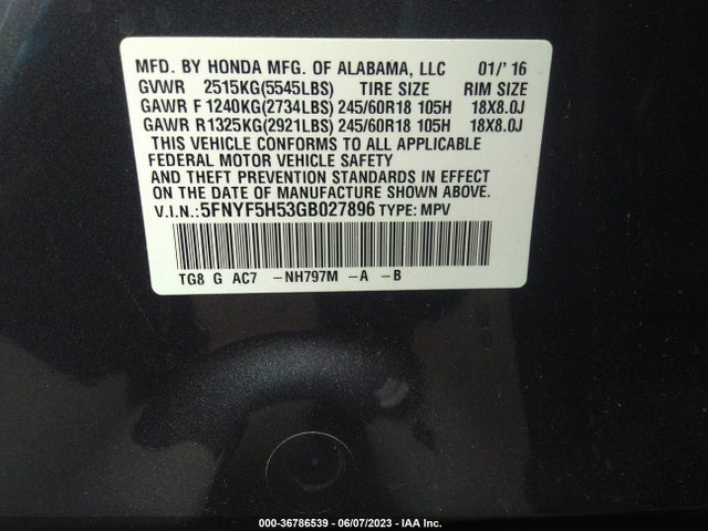 Honda Pilot Ex-l 2016 5FNYF5H53GB027896 Image 9